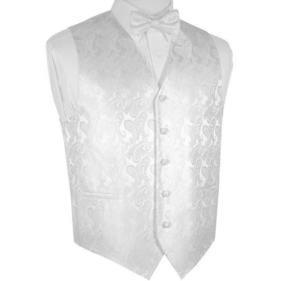 Men's Formal Wedding Prom Homecoming Tuxedo Vest Bow-Tie Hankie - White Paisley - Picture 1 of 3